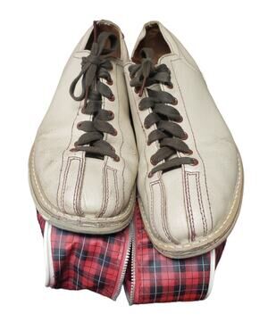 Vintage Brunswick Tan Leather Brown Grommets Split Toe Bowling Shoes Travel Bag